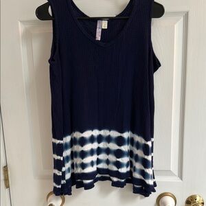 Navy Blue Tie-Dye Long Sleeve Cold Shoulder Top-S